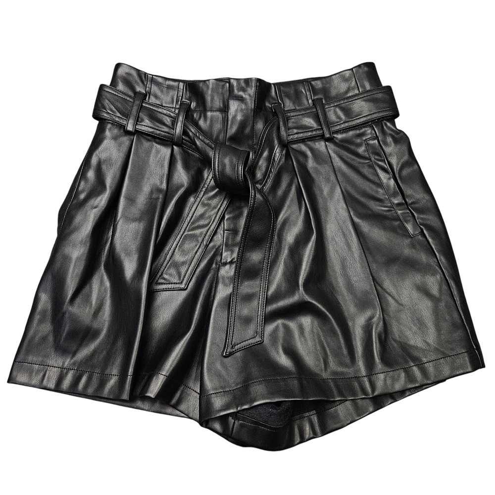 Vegan Leather Shorts Womens‎ Large Black Paperbag Waist Belted Edgy Chic Fahsyee